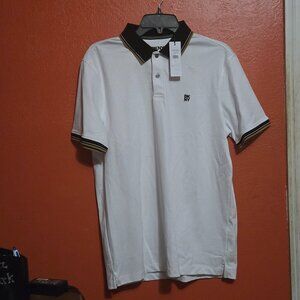 DKNY Men’s White Polo Shirt Medium Black Gold Trim Stretch Short Sleeve